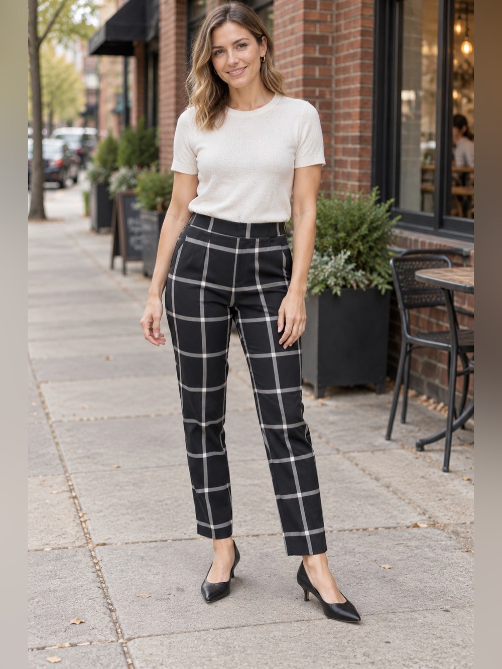New York & Company Stretch Black White Windowpane Plaid Pants Size 4